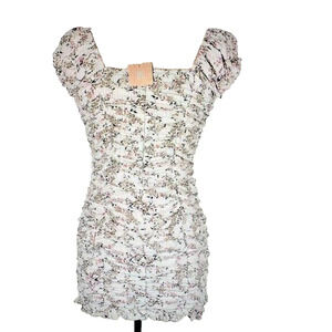 Miss Lola Ruched Bodycon Mini Dress White Gray Print Sleeveless NWT Women’s M